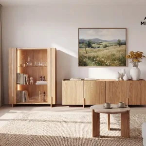 Okrągły stolik kawowy drewniany z blatem z trawertynu dąb naturalny Tivoli Wyprzedaż