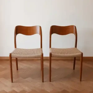 Komplet 2 krzeseł Moller 71 Teak, Duńskie, Plecione, Po renowacji Nowy
