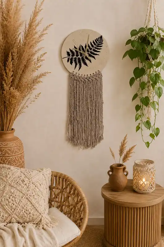 Niska cena Ceramiczny zegar ścienny z makramą handmade paproć