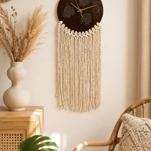 Ceramiczny zegar ścienny z makramą handmade monstera Nowość