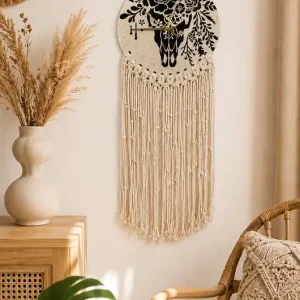 Ekspresowa dostawa Ceramiczny zegar ścienny z makramą handmade z motywem czaszki i kwiatów