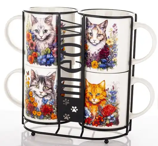 Dostępne od ręki Komplet 4 kubków na stojaku 21x27x10 cm MEOW 350 ml