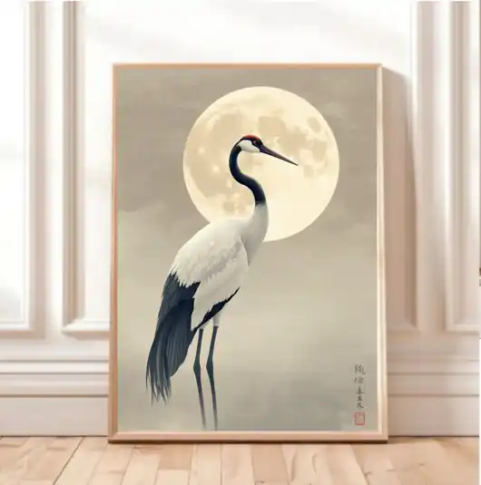 PLAKAT żuraw ,vintage japońska sztuka ścienna, księżyc ilustracja, japandi Oferta