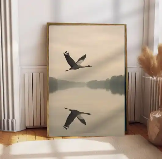 Zamów teraz PLAKAT żuraw nad jeziorem, ptak w locie, zdjęcie natury,