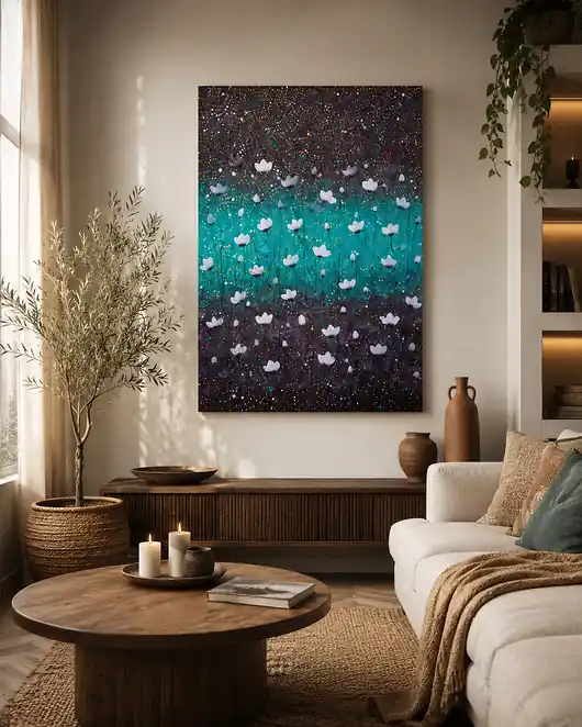 Obraz na płótnie 50x70cm. Białe kwiaty na turkusie Darmowy zwrot