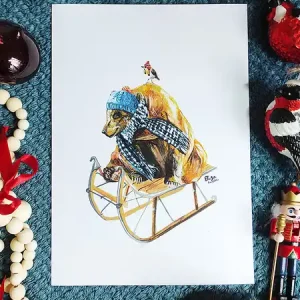 Plakat Zimowy Sanki Miś Prezent Oferta limitowana