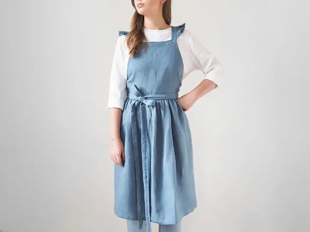 Oferta limitowana Lniany fartuszek retro DUSTY BLUE