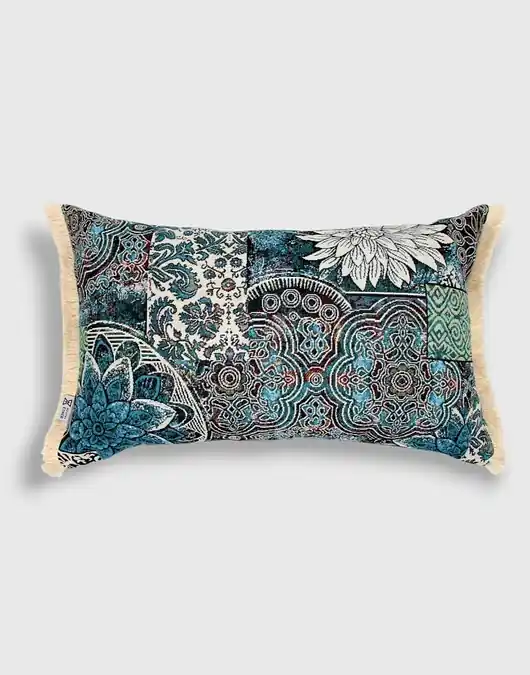 Tylko dziś Turkusowa poduszka dekoracyjna patchwork z frędzlami 55x35 Alkione