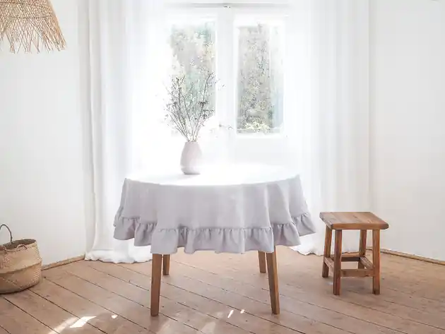 Obrus okrągły z falbanką heavy linen LIGHT GRAY Najlepsza cena