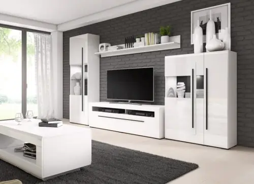 Promocja Meblościanka TULSA - HELVETIA wysoka witryna, szafka rtv z szufladą, duża komoda oraz długa półka