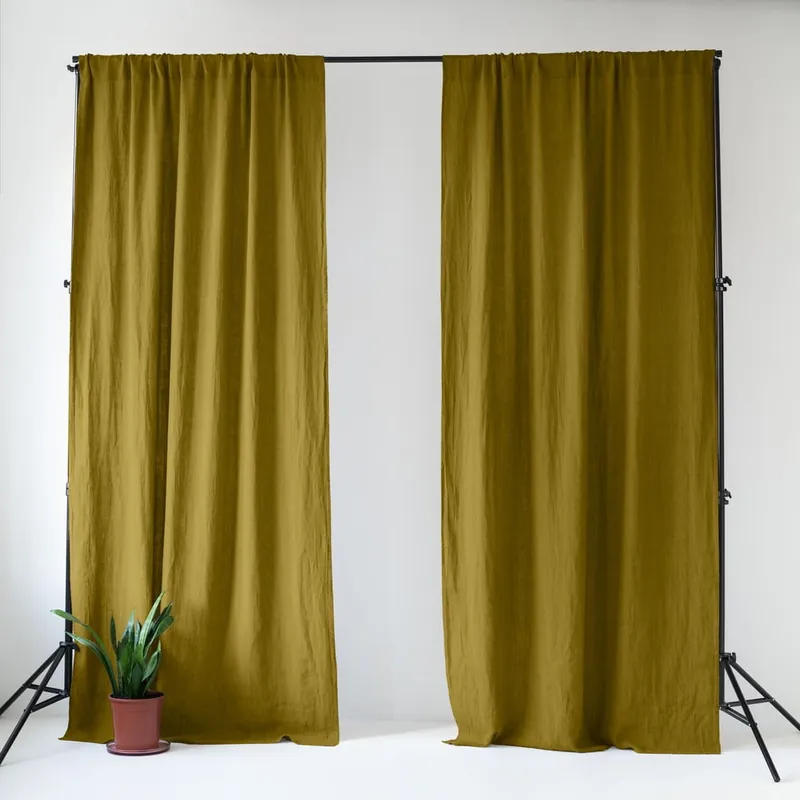 Lniana zasłona w kolorze ochry/zielona 140x250 cm Moss Green – Linen Tales Bonami Tani