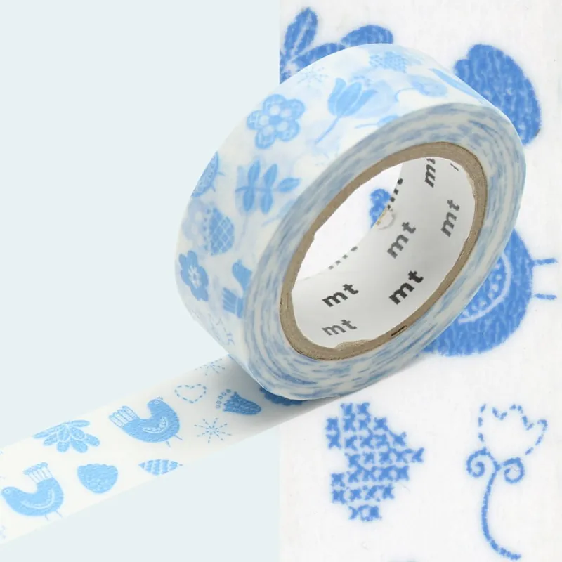 Tani Niebiesko-biała taśma dekoracyjna washi MT Masking Tape Bird Song Bonami