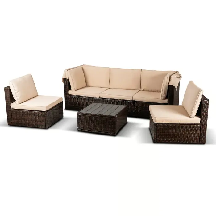 Nowy Caliente Zestaw ogrodowy, sofa + 2× fotel + stolik, brązowy/beżowy z technorattanu