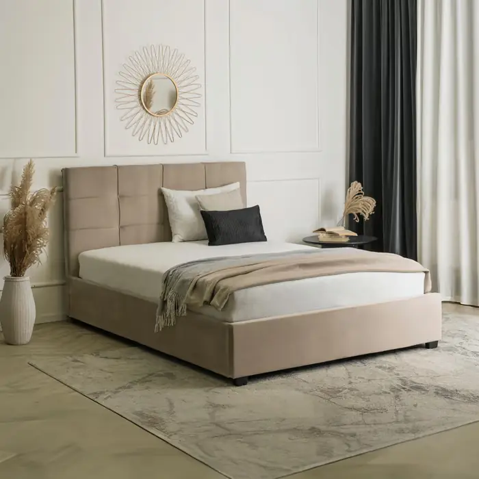 Tinga Łóżko tapicerowane 160×200 cm, beżowy welur, z pojemnikiem Bestseller