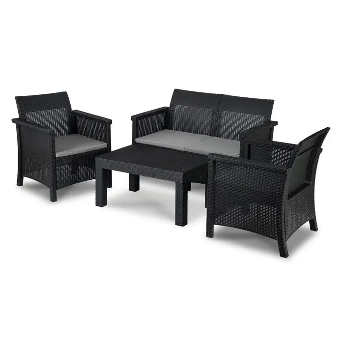 Brenta Zestaw ogrodowy, sofa + 2× fotel + stolik, czarny/szary z technorattanu Obniżka ceny