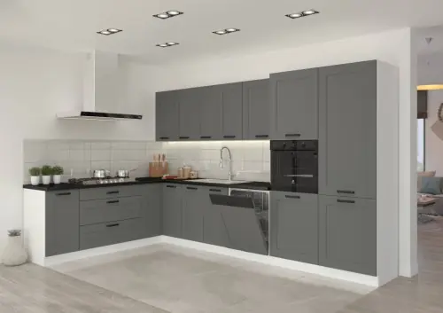 Kuchnia narożna z blatem Luna Dust Grey/biały 2,1m na 3,5m Ostatnie sztuki