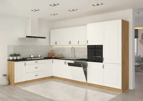 Meble kuchenne narożne Stilo biały/artisan 2,1m na 3,5m z blatem Niska cena
